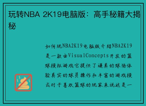 玩转NBA 2K19电脑版：高手秘籍大揭秘